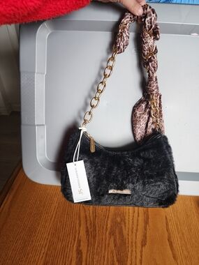 NWT Jessica Simpson Black Faux Fur Shoulder Bag with Leopard Scarf Accent